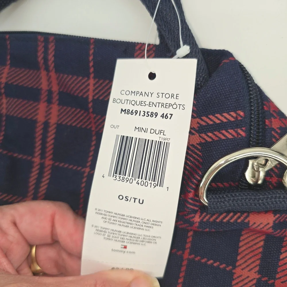 Tommy Hilfiger Mini Duffle Bag Navy Red Plaid Canvas Logo M86913589 467 NWT